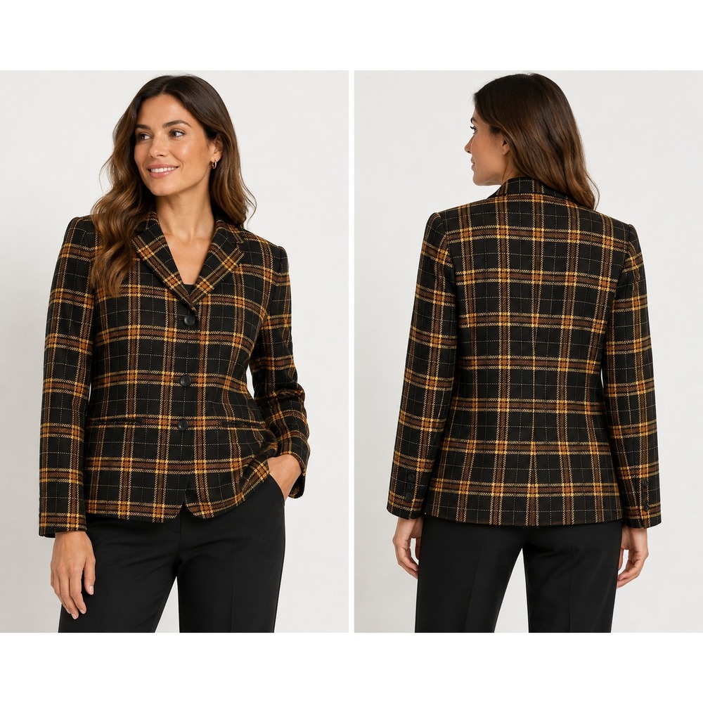 Kasper & Company ASL Womens 16 Wool Plaid Blazer Jacket Black Orange Collarless